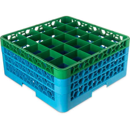 Carlisle RG25-3C413 Green-Carlisle Blue 25-Compartment Polypropylene OptiClean Divided Glass Rack with 3 Extenders 8.72"