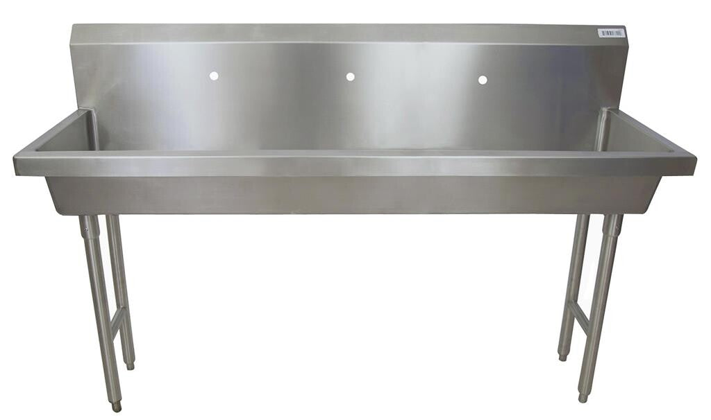 BK Resources MSHS-72F1 72" 3-Station Stainless Steel Freestanding Handwash Sink, Single Hole Splash Mount