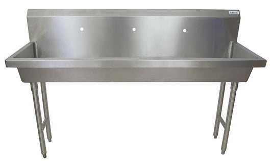 BK Resources MSHS-72F1 72" 3-Station Stainless Steel Freestanding Handwash Sink, Single Hole Splash Mount
