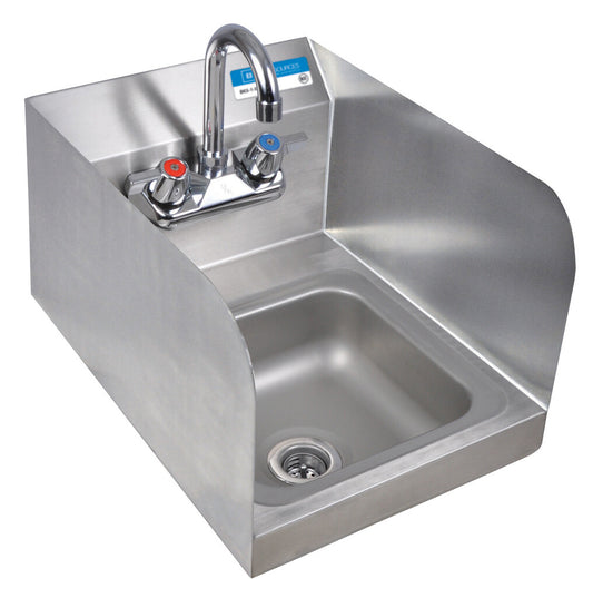 BK Resources BKHS-W-SS-SS-P-G Stainless Steel Space Saver Hand Sink with Side Splashes, Faucet, 2 Holes 9"x9" Bowl