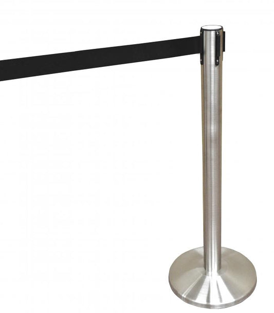 Omcan 30438 Stainless Steel Crowd Control System with Black Rectractable Belt Barrier