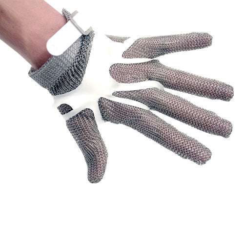 Omcan 44352 Five Finger Small Stainless Steel Mesh Glove with White Silicone Strap