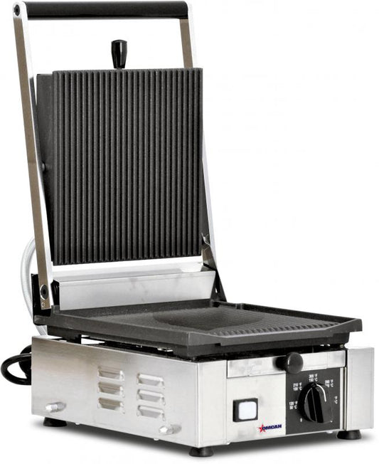 Omcan 11375 Elite Series 10" x 9" Single Panini Grill with Top and Bottom Grooved Grill Surface