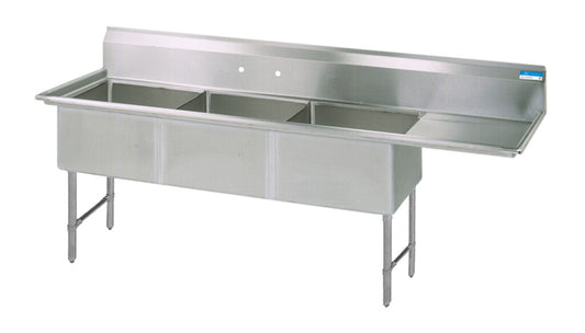 BK Resources BKS6-3-18-14-18RS 3-Compartment Stainless Steel Sink 10" Riser Right Drainboard 18L X 18W X 14D Bowls