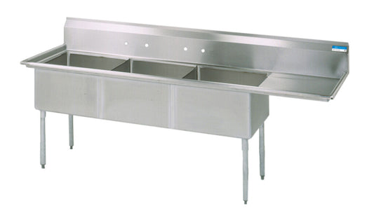 BK Resources BKS-3-24-14-24R 3-Compartment Stainless Steel Sink w/ 24" Right Drainboard 24L X 24W X 14D Bowls