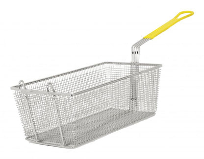 Omcan 80555 16 3/4" x 8 3/4" x 6" Yellow Handle Nickel-Plated Iron Fryer Basket