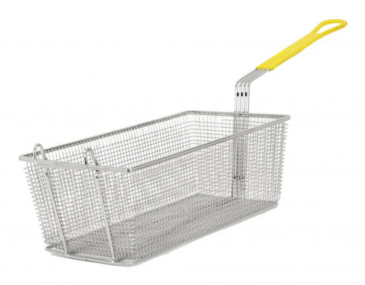 Omcan 80555 16 3/4" x 8 3/4" x 6" Yellow Handle Nickel-Plated Iron Fryer Basket