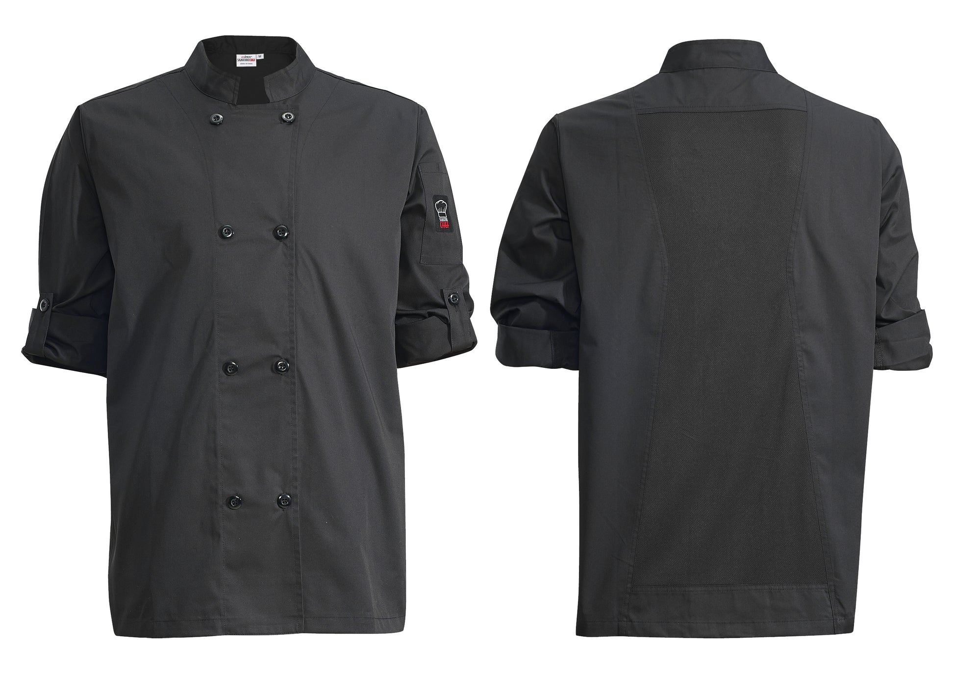 Winco UNF-12KM Medium Black Ventilated Chef Jacket, Roll-Tab Sleeve