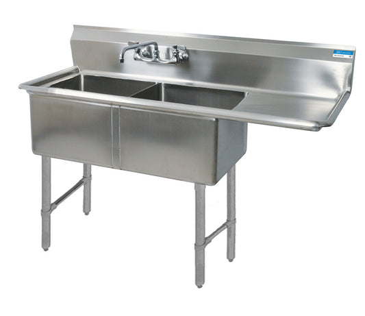 BK Resources BKS-2-18-12-18RS 2-Compartment Stainless Steel Sink 18X18X12D 18" Right DB w/ Stainless Steel Legs & Bracing