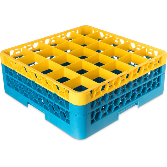 Carlisle RG25-2C411 Yellow-Carlisle Blue 25-Compartment Polypropylene OptiClean Divided Glass Rack with 2 Extenders 7.12"