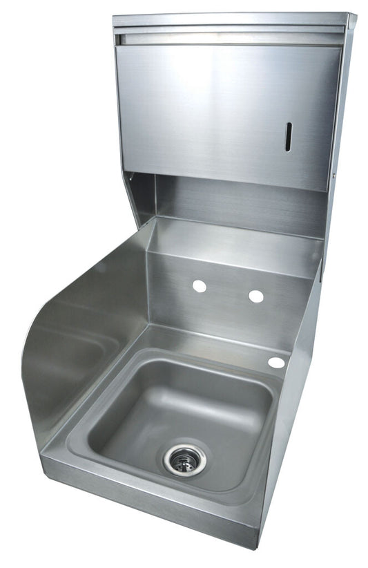 BK Resources BKHS-W-SS-SS-TD Stainless Steel Space Saver Hand Sink w/ Side Splashes, Towel Disp, 2 Holes 9"x9"x5"