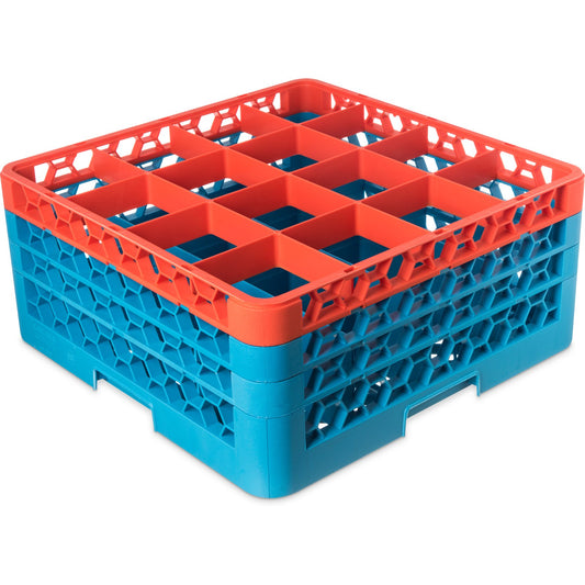 Carlisle RG16-3C412 Orange-Carlisle Blue 16-Compartment Polypropylene OptiClean Divided Glass Rack with 3 Extenders 8.72"