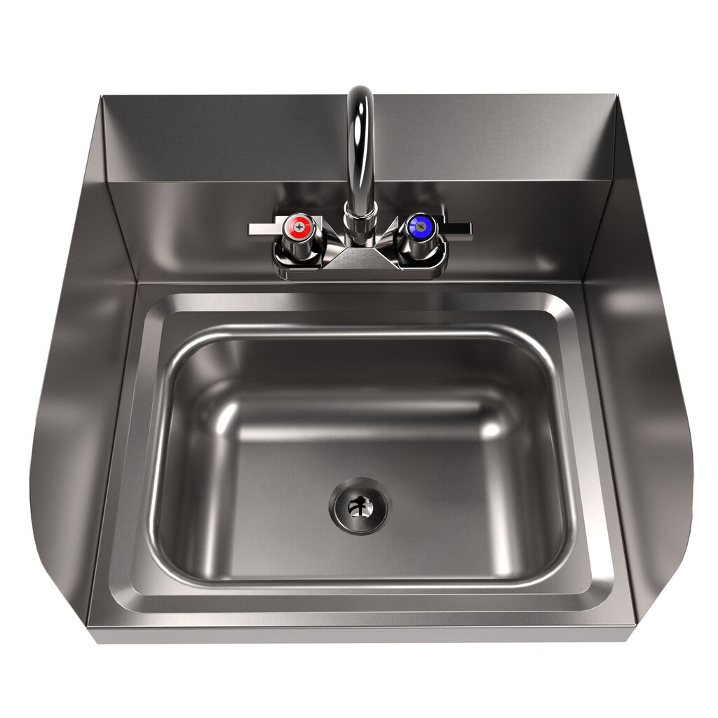 BK Resources BKHS-W-1410-SS-P-G Stainless Steel Hand Sink w/ Side Splashes & Faucet, 2 Holes 14”x10”x5”
