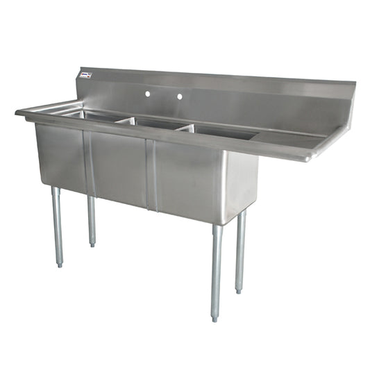 Omcan 43757 10" x 14" x 10" Three Tub Sink with 3.5" Center Drain and Right Drain Board