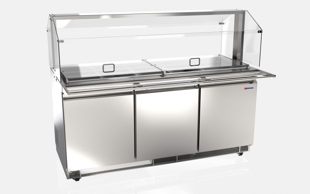 Omcan 50090 72" Stainless Steel Refrigerated Salad Bar / Cold Food Table with Sneeze Guard, Tray Slide and Pan Covers