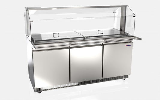 Omcan 50090 72" Stainless Steel Refrigerated Salad Bar / Cold Food Table with Sneeze Guard, Tray Slide and Pan Covers