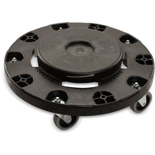 Carlisle 3691003 20, 32, 44 and 55 Gallon Black Round Polypropylene Bronco Waste Container Trash Can Dolly with Replaceable Casters