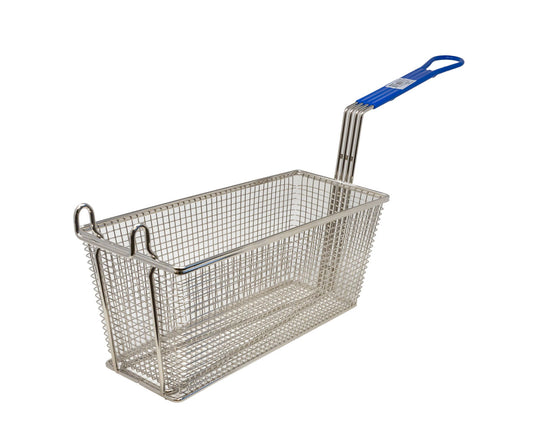 Omcan 11366 13 1/4" x 5 7/8" x 5 5/8" Nickel-Plated Iron Fryer Basket with Blue Handle
