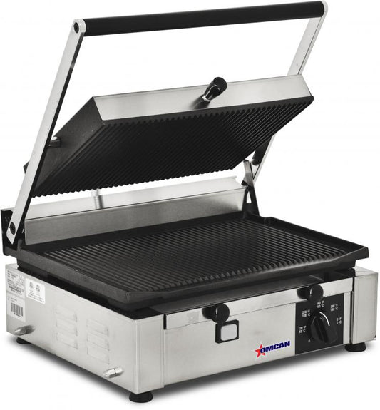 Omcan 11377 Elite Series 10" x 14" Single Panini Grill with Top and Bottom Grooved Grill Surface