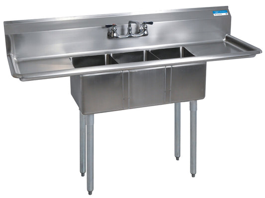 BK Resources BKS-3-1014-10-15TS 3-Compartment Stainless Steel Sink 10X14X10D 2-15" DB w/ Stainless Steel Legs & Bracing
