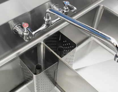 Omcan 43778 18" x 21" x 14" Three Tub Sink with Center Drain and Two Drain Boards