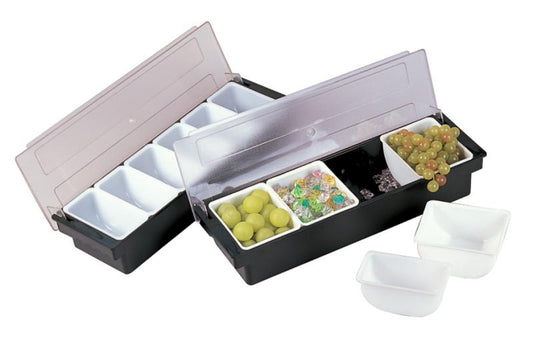 Omcan 80590 Black 4-Compartment Plastic Condiment Holder with Clear Cover