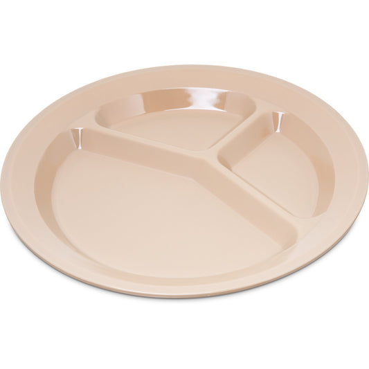 Carlisle PCD21125 11" Tan 3-Compartment Polycarbonate Narrow Rim Plate