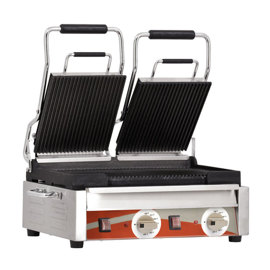 Omcan 19937 10" x 18" Double Panini Grill with Grooved Plates