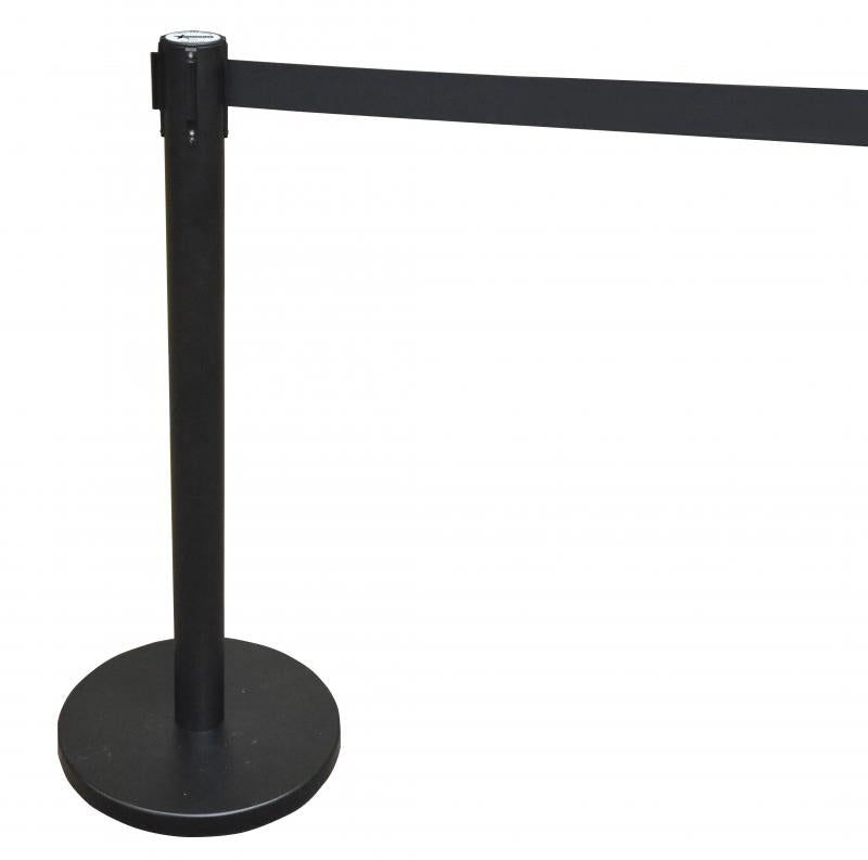 Omcan 30439 Black-Painted Steel Crowd Control System with Black Rectractable Belt Barrier