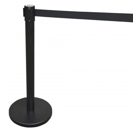 Omcan 30439 Black-Painted Steel Crowd Control System with Black Rectractable Belt Barrier