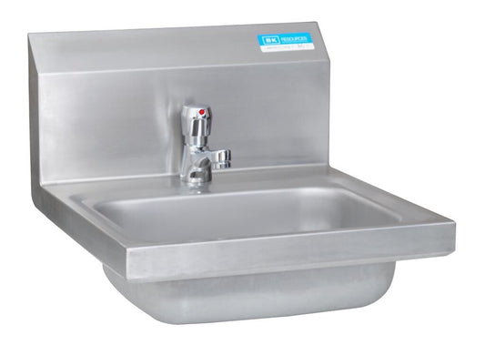 BK Resources BKHS-D-1410-1MF 17" X 17" Stainless Steel Wall-Mount Hand Sink with Centerset Deck Mount Metering Faucet and 14" x 10" Bowl