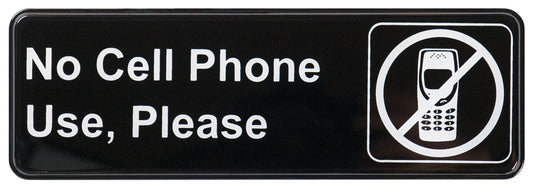 Winco SGN-334 3" x 9" Black Information Sign - "No Cell Phone Use Please"
