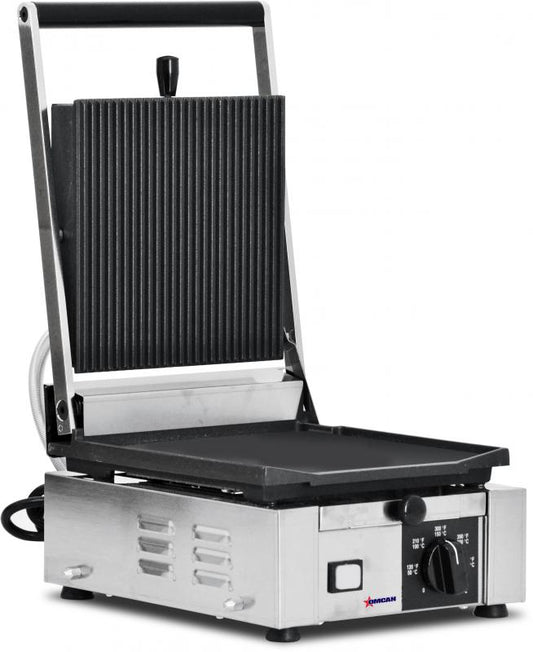 Omcan 11376 Elite Series 10" x 9" Single Panini Grill with Grooved Top and Smooth Bottom Grill Surface