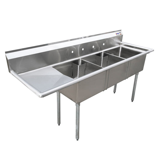 Omcan 25259 24" x 24" x 14" Three Tub Sink with 1.8" Corner Drain and Left Drain Board