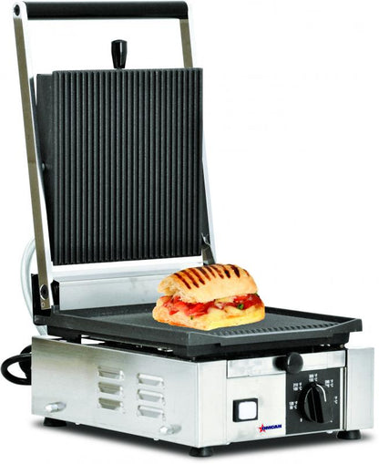 Omcan 11375 Elite Series 10" x 9" Single Panini Grill with Top and Bottom Grooved Grill Surface