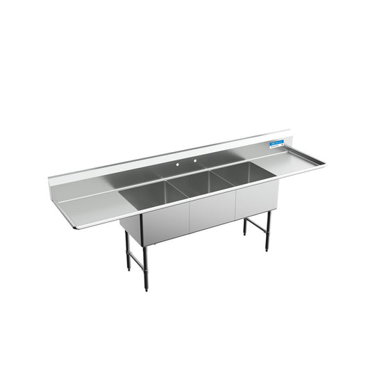 BK Resources BKS-3-20-14-24TS 3-Compartment Stainless Steel Sink w/ Dual 24" Drainboards 20L X 20W X 14D Bowls