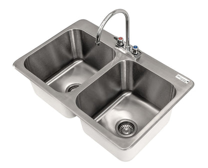 BK Resources DDI2-14161024-P-G 2-Compartment Stainless Steel Dropin Sink w/Faucet 16L X 14W X 10D Bowls