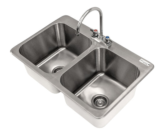BK Resources DDI2-14161024-P-G 2-Compartment Stainless Steel Dropin Sink w/Faucet 16L X 14W X 10D Bowls