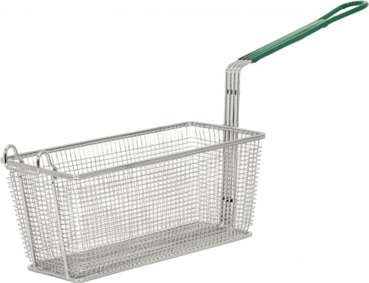 Omcan 11367 13 1/4" x 6 1/2" x 5 7/8" Nickel-Plated Iron Fryer Basket with Green Handle