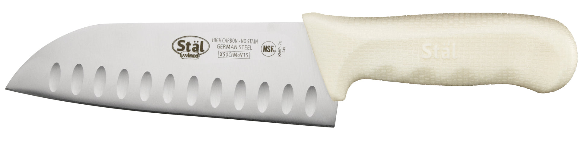 Winco KWP-70 7" White Polypropylene Handle Santoku Knife