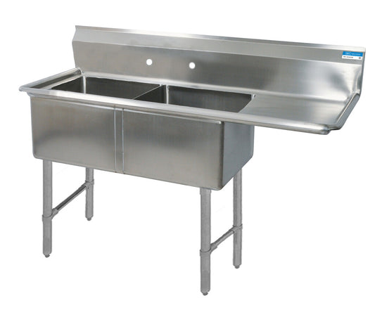 BK Resources BKS6-2-1620-14-18RS 2-Compartment Stainless Steel Sink 10" Riser Right Drainboard 20L X 16W X 14D Bowls