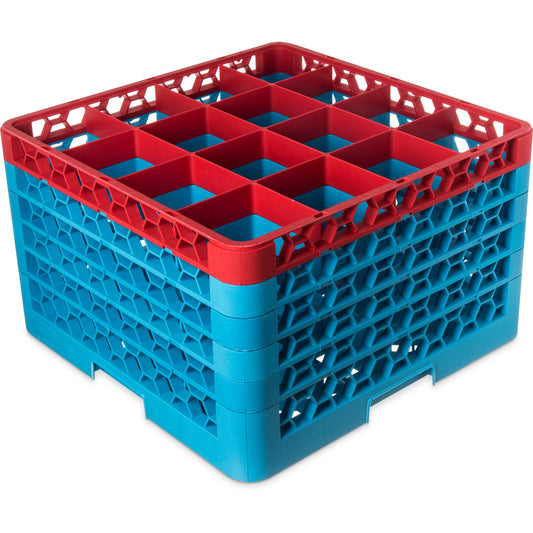 Carlisle RG16-5C410 Red-Carlisle Blue 16-Compartment Polypropylene OptiClean Divided Glass Rack with 5 Extenders 11.9"