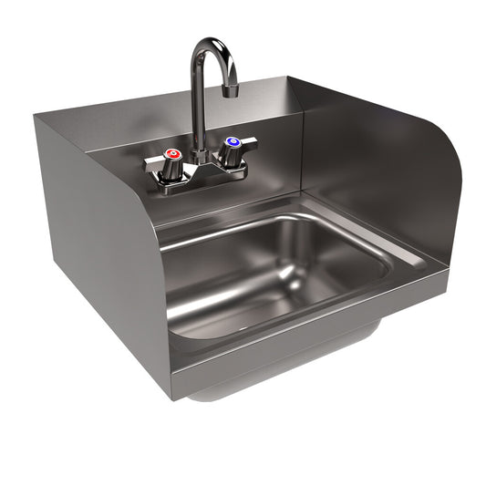 BK Resources BKHS-W-1410-SS-P-G Stainless Steel Hand Sink w/ Side Splashes & Faucet, 2 Holes 14”x10”x5”