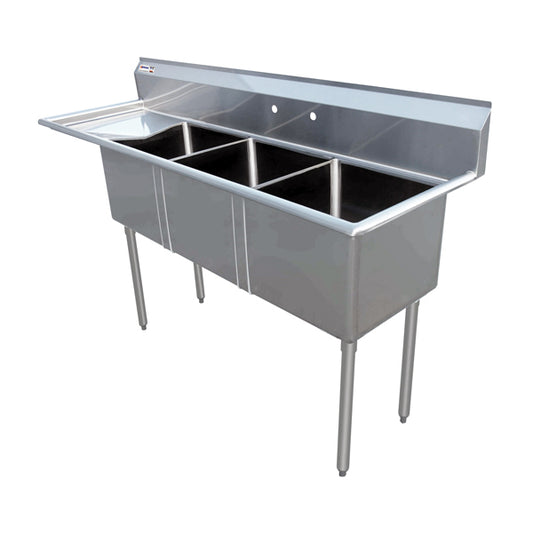 Omcan 43755 10" x 14" x 10" Three Tub Sink with 3.5" Center Drain and Left Drain Board
