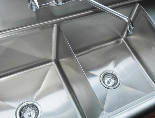Omcan 43789 24" x 24" x 14" Three Tub Sink with 3.5" Center Drain and Two Drain Boards