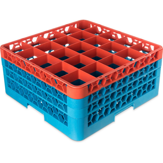 Carlisle RG25-3C412 Orange-Carlisle Blue 25-Compartment Polypropylene OptiClean Divided Glass Rack with 3 Extenders 8.72"
