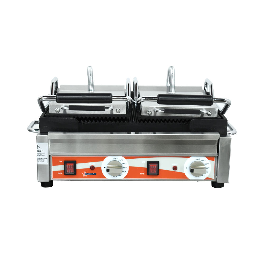 Omcan 19937 10" x 18" Double Panini Grill with Grooved Plates