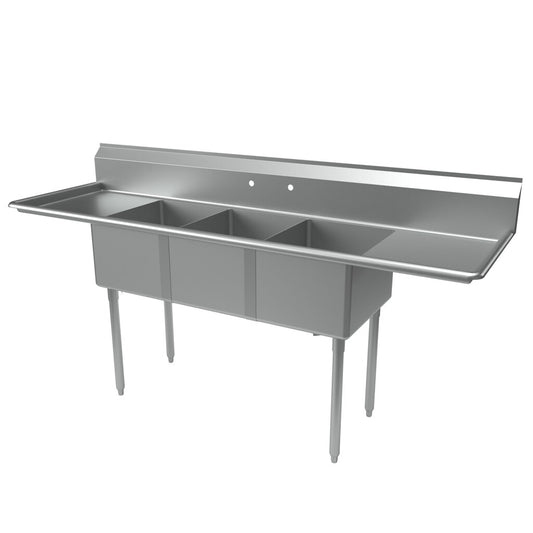 BK Resources ES-3-1620-12-18T 3-Compartment Stainless Steel Economy Sink Dual 18" Drainboards 20L X 16W X 12D Bowls