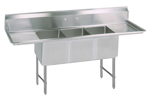 BK Resources BKS6-3-1620-14-18TS 3-Compartment Stainless Steel Sink 10" Riser, Dual 18" Drainboards 20L X 16W X 14D Bowls