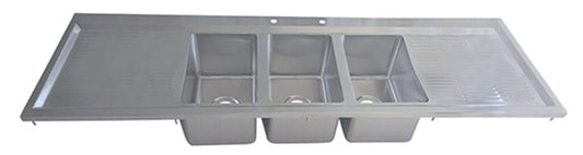 BK Resources BK-DIS-1014-3-18T-PG 3-Compartment Stainless Steel Dropin Sink 10"x14"x10" w/ Dual 18" Drainboards & Faucet